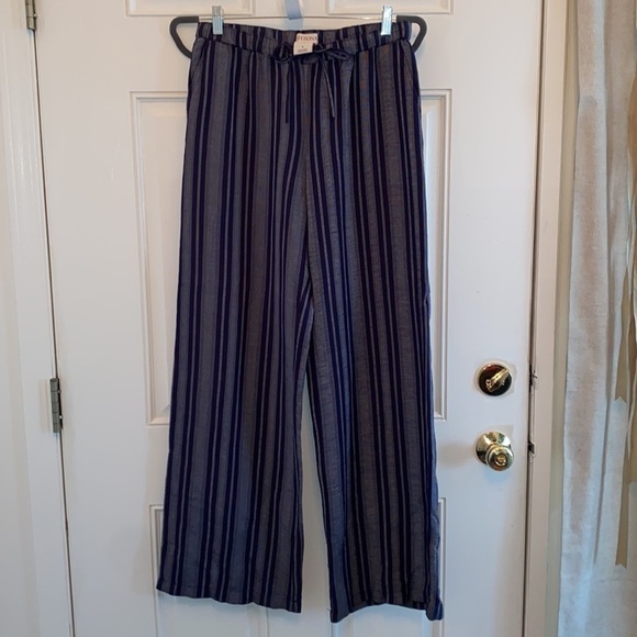 Blue Linen Wide Leg Striped High Rise Drawstring Pockets Bohemian Pants Summer - Picture 4 of 14